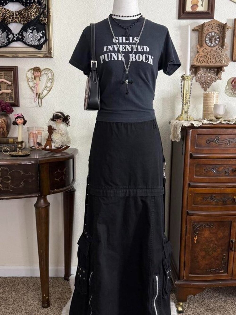 Mall goth subversive grunge Tripp NYC black maxi skirt w zippers and grommets